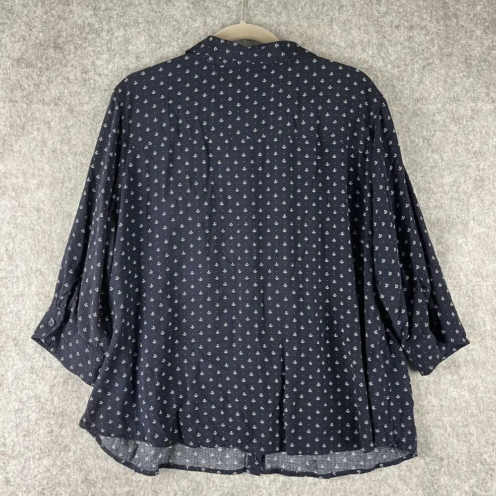 Per Se Top Womens 2X Blue Anchor Print Blouse Button Front 3/4 Sleeve Nautical - Picture 8 of 12